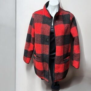 NWOT Old Navy Womens Jacket Small Black Red Check Long Sleeve Fleece Barn Coat